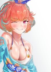 Rule 34 | 1girl, absurdres, bare shoulders, blush, breasts, cleavage, collarbone, floral print, grin, hair ribbon, highres, hololive, hololive english, large breasts, leotard, looking at viewer, multicolored hair, off-shoulder shirt, off shoulder, one eye closed, orange hair, print leotard, print shirt, purple eyes, ribbon, satoki, shirt, simple background, smile, solo, streaked hair, takanashi kiara, takanashi kiara (7th costume), teeth, upper body, virtual youtuber, white background, white leotard