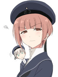 Rule 34 | 2girls, aqua eyes, black neckerchief, blue dress, blue headwear, blue sailor collar, blush, brown eyes, brown hair, closed mouth, clothes writing, dress, greyscale, hat, hellpart, kantai collection, looking at viewer, monochrome, multiple girls, neckerchief, sailor collar, sailor dress, short hair, simple background, squiggle, sweat, upper body, white background, z1 leberecht maass (kancolle), z3 max schultz (kancolle)