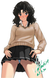 Rule 34 | 1girl, amagami, black eyes, black hair, black skirt, blush, breasts, brown sweater, closed mouth, collared shirt, curly hair, dated, from below, gluteal fold, hands on own hips, highres, kibito high school uniform, legs apart, looking at viewer, medium hair, messy hair, miniskirt, panties, parted bangs, pleated skirt, school uniform, shirt, short sleeves, signature, simple background, skirt, small breasts, smile, solo, sweater, tanamachi kaoru, thighs, underwear, upskirt, wavy hair, white background, white panties, white shirt, yoo tenchi