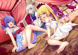 Rule 34 | 3girls, :d, ;o, alternate costume, apron, arm support, bad id, bad twitter id, bare legs, bare shoulders, barefoot, bed, blanket, blonde hair, blue dress, blush, bow, braid, canopy bed, chemise, convenient leg, curtains, detached sleeves, dress, dutch angle, flandre scarlet, floral print, green bow, green ribbon, hair bow, hair ribbon, izayoi sakuya, maid, maid headdress, multiple girls, neck ribbon, on bed, one eye closed, open mouth, puffy short sleeves, puffy sleeves, purple hair, red bow, red eyes, red ribbon, remilia scarlet, ribbon, rimu (kingyo origin), sash, short hair, short sleeves, siblings, side ponytail, silver hair, sisters, sitting, smile, touhou, twin braids, v arms, waist apron, white dress, window, yawning