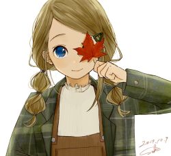 Rule 34 | 1girl, blonde hair, blue eyes, closed mouth, commentary request, dated, green jacket, hair ornament, hairclip, highres, holding, holding leaf, jacket, leaf, long hair, long sleeves, looking at viewer, low twintails, maple leaf, multi-tied hair, one eye covered, original, sako (35s 00), signature, simple background, smile, solo, twintails, white background