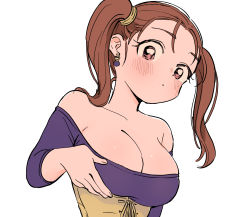 Rule 34 | 1girl, bare shoulders, blush, breasts, brown eyes, brown hair, cleavage, closed mouth, dragon quest, dragon quest viii, dress, earrings, jessica albert, jewelry, large breasts, long hair, looking at viewer, miyama (kannsannn), purple shirt, shirt, simple background, solo, strapless, twintails, white background