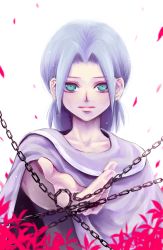 Rule 34 | 1boy, akitaka (s asai), aqua eyes, blue hair, chain, child, chrono trigger, falling leaves, janus zeal, leaf, looking at viewer, male focus, medium hair, outstretched arm, outstretched hand, parted bangs, pink pupils, purple robe, robe, solo, upper body, white background