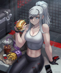 Rule 34 | 1girl, arm support, bare shoulders, blue eyes, breasts, burger, cleavage, commentary, crate, cup, disposable cup, drinking straw, eating, english commentary, eyepatch, food, french fries, genkai zero, gloves, highres, holding, holding food, indoors, long hair, medium breasts, navel, original, phone, ponytail, sitting, sleeveless, solo, toned, valestina (genkai zero)