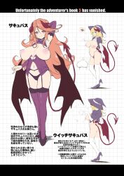 Rule 34 | akazawa red, arm behind head, babydoll, blonde hair, breasts, brown hair, character profile, cleavage cutout, clothing cutout, curly hair, demon girl, demon horns, demon tail, demon wings, garter belt, garter straps, hat, high heels, highleg, highleg panties, highres, horns, large areolae, large breasts, magic, panties, pointy ears, tail, thighhighs, underwear, wings, witch, witch hat