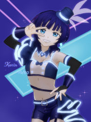 Rule 34 | 1girl, aqua belt, artist name, artist request, asaka karin, bare shoulders, belt, black gloves, black sleeves, blue belt, blue bow, blue camisole, blue detached collar, blue eyes, blue hair, blue hat, blue pants, blue shirt, blue shorts, blue sky, blue tank top, blue wrist cuffs, blush, bow, bowtie, breasts, bridal gauntlets, buttons, camisole, cleavage, cloud, collarbone, crop top, dark blue hair, detached collar, detached sleeves, earrings, elbow sleeve, feathers, female focus, fingerless gloves, garter straps, gloves, hat, hat feather, highres, jewelry, light beam, light rays, looking at viewer, love live!, love live! nijigasaki high school idol club, love live! school idol festival, medium hair, midriff, mini hat, mini top hat, mole, mole on body, mole on breast, night, night sky, outdoors, pants, parted lips, shirt, short hair, shorts, single bare shoulder, single sleeve, sky, sleeveless, small breasts, smile, solo, star (sky), star (symbol), star earrings, tank top, top hat, v, v over eye, vivid world (love live!), white feathers, wing collar, wrist cuffs