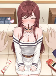 Rule 34 | 1boy, 1girl, absurdres, belt buckle, black choker, blush, breasts, brown hair, buckle, choker, cleavage, closed eyes, collarbone, couch, dress, fingernails, flying sweatdrops, food, food in mouth, highres, idolmaster, idolmaster shiny colors, indoors, medium breasts, nail polish, nose blush, off-shoulder dress, off shoulder, on couch, osaki amana, pocky, pocky in mouth, pocky kiss, pov, pov hands, producer (idolmaster), shared food, sitting, sorugi park, trembling, waiting for kiss, white dress