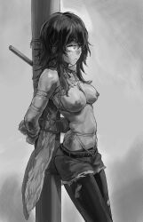 Rule 34 | 1girl, a tea, arknights, arms behind back, bdsm, belt, black pantyhose, bondage, bound, brown hair, commission, denim, denim shorts, flint (arknights), greyscale, highres, monochrome, navel, nipples, pantyhose, restrained, second-party source, shorts, skindentation, tattoo, topless, torn clothes