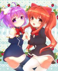 Rule 34 | 2girls, :d, ahoge, aloe (quiz magic academy), ass, azuma shino, black dress, blue dress, blue thighhighs, blush, bow, bowtie, closed mouth, detached sleeves, dress, hair ornament, holding hands, interlocked fingers, long hair, long sleeves, looking at viewer, multiple girls, myu (quiz magic academy), open mouth, purple hair, quiz magic academy, red bow, red eyes, red hair, red neckwear, short dress, smile, thighhighs, twintails, white legwear