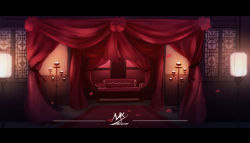 Rule 34 | artist name, bed, curtains, highres, indoors, letterboxed, light, no humans, original, petals, scenery, shimmer