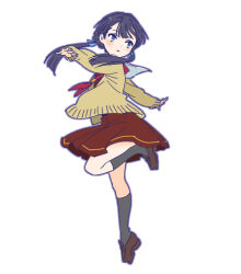 Rule 34 | 1girl, ankle socks, black socks, blue eyes, blue hair, blue ribbon, brown cardigan, brown dress, brown footwear, cardigan, commentary, dark blue hair, dress, english commentary, from side, full body, hair ribbon, hasu no sora school uniform, leg up, link! like! love live!, loafers, long hair, long sleeves, looking back, love live!, low twintails, murano sayaka, neckerchief, open cardigan, open clothes, outstretched arms, outstretched hand, pleated dress, purple outline, red neckerchief, ribbon, sailor collar, sailor dress, school uniform, shinanoya (satanicad), shoes, socks, solo, standing, standing on one leg, tiptoes, twintails, white sailor collar, winter uniform