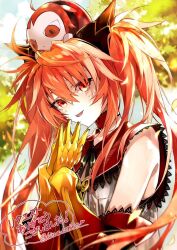 Rule 34 | 1girl, armored gloves, blush, breasts, choker, fate/grand order, fate/grand order arcade, fate (series), gloves, gradient gloves, hair ornament, kino kokko, long hair, looking at viewer, orange gloves, own hands together, rama (fate), red choker, red eyes, red gloves, red hair, sita (fate), small breasts, smile, tongue, tongue out, twintails, very long hair