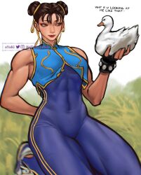 Rule 34 | 1girl, animal, arm behind back, ayaki blade, bird, black gloves, blue bodysuit, bodysuit, bracelet, breasts, brown hair, capcom, chun-li, commentary request, covered abs, covered navel, double bun, duck, english text, fingerless gloves, gloves, grass, grey eyes, hair bun, hair ribbon, highres, holding, holding animal, jewelry, paid reward available, ribbon, seiza, shoes, sitting, small breasts, smile, sneakers, street fighter, street fighter zero (series), toned, watermark