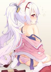 Rule 34 | 1girl, azur lane, blush, butt crack, drunk, from behind, gradient hair, highres, laffey (azur lane), long hair, looking at viewer, looking back, multicolored hair, off shoulder, panties, parted lips, pink eyes, pink hair, profile, shoulder blades, sitting, sleepy, solo, strap slip, striped clothes, striped panties, thighhighs, tofu1601, twintails day, two-tone hair, underwear, wariza, white hair, white thighhighs