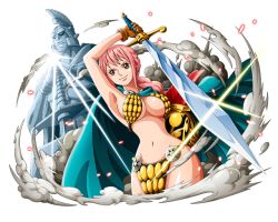 Rule 34 | 1girl, arm up, armor, bikini armor, bodskih, braid, breasts, brown eyes, brown gloves, cleavage, cowboy shot, dutch angle, gloves, groin, holding, holding sword, holding weapon, large breasts, long hair, navel, one piece, one piece treasure cruise, pink hair, rebecca (one piece), sideboob, sidelocks, single braid, smile, solo, standing, statue, sword, transparent background, weapon