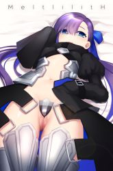 Rule 34 | 10s, 1girl, ap@meito, armor, armored boots, asymmetrical bangs, black coat, blue eyes, blue ribbon, blush, boots, breasts, character name, coat, crotch plate, fate/extra, fate/extra ccc, fate (series), from below, gluteal fold, hair ribbon, hands in opposite sleeves, highres, juliet sleeves, long coat, long hair, long sleeves, looking at viewer, lying, meltryllis (fate), navel, on back, open mouth, partially visible vulva, puffy sleeves, purple hair, revealing clothes, ribbon, small breasts, smile, solo, thigh boots, thighhighs, thighs, very long hair, wedgie