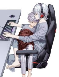 Rule 34 | 2boys, absurdres, barefoot, blanket, chair, chamuring, closed eyes, copyright request, gaming chair, grey background, grey hair, headphones, highres, keyboard (computer), lower teeth only, male focus, mouse (computer), multiple boys, on lap, open mouth, plaid, plaid blanket, pointy ears, red eyes, rgb lights, simple background, sitting, sketch, sleeping, sleeping on person, swivel chair, teeth, tongue, vampire