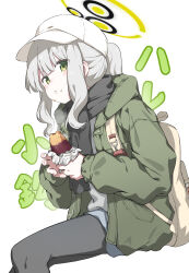 Rule 34 | 1girl, absurdres, backpack, bag, baseball cap, black pantyhose, black scarf, blue archive, character name, closed mouth, eating, food, green eyes, green halo, green jacket, grey hair, halo, hare (blue archive), hare (camp) (blue archive), hat, highres, holding, holding food, jacket, long hair, long sleeves, official alternate costume, pantyhose, ponytail, puffy long sleeves, puffy sleeves, roasted sweet potato, scarf, simple background, solo, sweet potato, translated, white background, white hat, youguo naberu
