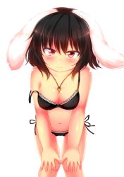 Rule 34 | 1girl, aged up, alternate costume, animal ears, bent over, between breasts, black bra, black hair, black panties, blush, bra, breasts, carrot, carrot necklace, cleavage, collarbone, commentary request, hands on own knees, highres, inaba tewi, jewelry, lace, lace-trimmed bra, lace trim, large breasts, looking at viewer, navel, necklace, panties, pendant, rabbit ears, red eyes, rena (riries), side-tie panties, simple background, smile, solo, strap slip, touhou, underwear, underwear only, white background