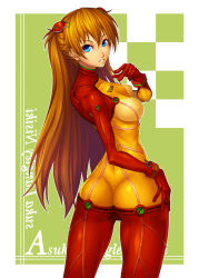 Rule 34 | 00s, 1girl, aka (shoumae), ass, bad id, bad pixiv id, blue eyes, bodysuit, breasts, butt crack, cleavage, covered erect nipples, evangelion: 2.0 you can (not) advance, from behind, lips, long hair, looking back, medium breasts, multicolored clothes, neon genesis evangelion, nipples, orange hair, plugsuit, rebuild of evangelion, red hair, see-through, see-through cleavage, shiny clothes, smile, solo, souryuu asuka langley, test plugsuit, wide hips