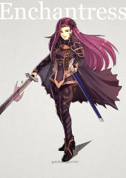Rule 34 | 1girl, armor, cape, english text, fire emblem, fire emblem echoes: shadows of valentia, fire emblem gaiden, gzei, high heels, holding, holding sword, holding weapon, long hair, looking at viewer, nintendo, purple hair, simple background, smile, solo, sonya (fire emblem gaiden), sword, weapon