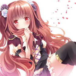 Rule 34 | 1girl, black thighhighs, blush, breasts, flower, hair flower, hair ornament, long hair, nogi takayoshi, original, petals, red eyes, red hair, rose, solo, thighhighs, twintails, white background