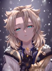 Rule 34 | 1boy, albedo (genshin impact), aqua eyes, black gloves, blonde hair, blurry, blurry background, coat, commentary request, genshin impact, gloves, hair between eyes, hand on own chest, highres, long hair, looking at viewer, male focus, matsunashi noe, medium hair, parted lips, signature, snow, snow on head, snowing, solo, upper body, white coat