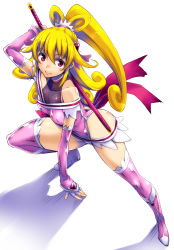 Rule 34 | 00s, 1girl, adapted costume, aida mana, ass, bare shoulders, blonde hair, blush, boots, bow, breasts, cure heart, dokidoki! precure, elbow gloves, covered erect nipples, fingerless gloves, fishnets, gloves, hair ornament, half updo, heart, high heel boots, high heels, hisakawa chin, katana, large breasts, leotard, long hair, ninja, pink bow, pink eyes, pink footwear, ponytail, precure, smile, solo, sword, sword behind back, taimanin (series), taimanin asagi, taimanin suit, thighhighs, weapon