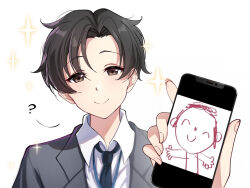 Rule 34 | 1boy, 1other, ?, black hair, blue archive, brown eyes, cellphone, closed mouth, commentary, doodle sensei (blue archive), formal, grey suit, highres, holding, holding phone, looking at viewer, male focus, midori (user nsaz3272), necktie, phone, photo (object), portrait, pov, pov hands, sensei (blue archive), sensei (blue archive the animation), short hair, smartphone, smile, solo focus, sparkle, sparkling aura, suit, white background
