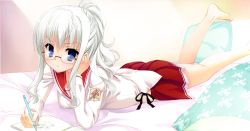 Rule 34 | 1girl, absurdres, bare legs, barefoot, bespectacled, blue eyes, blush, drawing, feet, glasses, hidan no aria, highres, jeanne d&#039;arc (hidan no aria), kobuichi, looking at viewer, lying, mechanical pencil, on stomach, pencil, pleated skirt, ponytail, school uniform, skirt, white hair