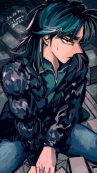 Rule 34 | 1boy, artist name, banknote, black eyes, black jacket, blue hair, blue pants, closed mouth, commentary request, cowboy shot, dated, expressionless, green sweater, itou kaiji, jacket, kaiji, long hair, long sleeves, looking at viewer, looking to the side, male focus, medium bangs, money, pants, pile of money, profile, solo, sweater, unknown03162