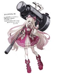 Rule 34 | 1girl, :d, boots, bow, bowtie, center frills, creatures (company), dress, finger heart, frilled dress, frills, game freak, hair bow, hammer, heart, highres, holding, holding hammer, huge weapon, long hair, long sleeves, looking at viewer, nintendo, one eye closed, open mouth, personification, pink bow, pink bowtie, pink dress, pink footwear, pink nails, pink vest, pokemon, puffy long sleeves, puffy sleeves, shino (shino-xx), shirt, sidelocks, smile, solo, tinkaton, very long hair, vest, weapon, white bow, white hair, white shirt