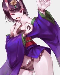 Rule 34 | 1girl, bare shoulders, blunt bangs, breasts, collarbone, commentary request, eyebrows, fangs, fate/grand order, fate (series), food, gem, grey background, hair ornament, highres, holding, holding food, horns, japanese clothes, kimono, looking at viewer, obi, off shoulder, oni, onigiri, open mouth, purple eyes, purple hair, purple kimono, revision, sash, shiny skin, shuten douji (fate), simple background, skin-covered horns, small breasts, solo, standing, sue sgr u, udberg eldol, wide sleeves