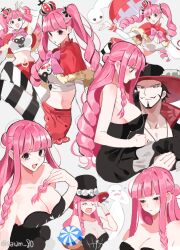 Rule 34 | 1boy, 1girl, bad id, bad twitter id, bare shoulders, belt, black dress, black hair, blunt bangs, capelet, commentary, crop top, crown, crying, dracule mihawk, dress, drill hair, eyelashes, facial hair, ghost, hat, holding, holding umbrella, joman, kumacy, long hair, looking at another, looking at viewer, mini crown, mustache, one piece, pantyhose, perona, pink hair, pink ribbon, ribbon, short hair, simple background, skirt, stomach, strapless, strapless dress, striped clothes, striped pantyhose, twintails, umbrella