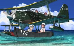 Rule 34 | 4girls, aircraft, aircraft request, airplane, annin musou, bikini, blonde hair, blue eyes, blue sky, clothes writing, cloud, fairy (kancolle), fish, goggles, goggles on head, hair between eyes, hat, kantai collection, multiple girls, ocean, seaplane, sky, swimsuit, vehicle focus, water, white bikini, z1 leberecht maass (kancolle), z3 max schultz (kancolle)