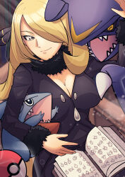 Rule 34 | absurdres, blonde hair, book, breasts, cleavage, closed mouth, creatures (company), cynthia (pokemon), fur collar, game freak, garchomp, gen 4 pokemon, gible, grey eyes, hair ornament, hair over one eye, highres, hug, large breasts, long hair, nintendo, noisezzz (user vwms5743), open book, poke ball, poke ball (basic), pokemon, pokemon (creature), pokemon dppt, sitting, smile, unownglyphics