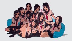 Rule 34 | 6+girls, :&gt;, :d, :x, ;&gt;, ;), ^ ^, arm support, awakumo, bandaid, bandaid on knee, bandaid on leg, black eyes, black hair, black skirt, black socks, blunt bangs, blush, bob cut, cat, chromatic aberration, closed eyes, closed mouth, commentary request, couch, drooling, facing viewer, floor couch, flower, glasses, hair ornament, hairclip, hand on another&#039;s head, highres, hime cut, holding another&#039;s hair, hug, indian style, kneehighs, kneeling, long hair, looking at another, looking at viewer, medium hair, mouth drool, multiple girls, neckerchief, no shoes, nose blush, on couch, one eye closed, open mouth, original, parted bangs, parted lips, pink bandaid, pleated skirt, ponytail, reaching, reclining, red neckerchief, sailor collar, school uniform, serafuku, short hair, short sleeves, sideways glance, simple background, sitting, skirt, sleeping, smile, socks, split mouth, swept bangs, v arms, wavy mouth, white background, white cat, wristband, x hair ornament, |d