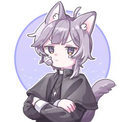 Rule 34 | &gt;:(, 1boy, androgynous, animal ears, asymmetrical hair, black capelet, capelet, cat ears, cat tail, cross, cross necklace, crossed arms, happy saint sheol, highres, jewelry, looking at viewer, necklace, priest, purple eyes, purple hair, sali hssh, securett rafe, short hair, simple background, tail, upper body, v-shaped eyebrows