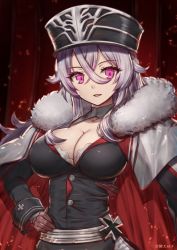 Rule 34 | 1girl, :d, azur lane, breasts, cape, cleavage, collarbone, cross, embers, fur trim, graf zeppelin (azur lane), grey hair, hand on own hip, hat, iron cross, large breasts, long hair, long sleeves, looking at viewer, open mouth, purple eyes, smile, solo, tansan daisuki, upper body