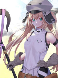 Rule 34 | 1girl, artoria caster (fate), artoria caster (first ascension) (fate), artoria pendragon (fate), bare shoulders, blonde hair, blush, breasts, closed mouth, dress, fate/grand order, fate (series), gloves, green eyes, grey gloves, grey headwear, hat, highres, holding, holding staff, long hair, looking at viewer, mikan (chipstar182), small breasts, smile, staff, test tube, white dress