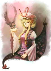Rule 34 | 1girl, 2015, artist name, bird, bird on hand, blonde hair, bow, crow, dated, dress, gap (touhou), gradient background, hair bow, hair ornament, hand fan, hat, hat ribbon, highres, long hair, long sleeves, looking at viewer, mob cap, playbay, puffy sleeves, red eyes, ribbon, solo, tabard, touhou, white dress, wide sleeves, yakumo yukari
