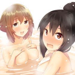 Rule 34 | 10s, 2girls, bathing, black hair, blush, breasts, brown eyes, brown hair, collarbone, covering privates, covering breasts, embarrassed, flipped hair, hands on breasts, kantai collection, large breasts, long hair, looking at viewer, medium breasts, multiple girls, mutsu (kancolle), nagato (kancolle), no nipples, nose blush, open mouth, short hair, smile, tonarikeru, upper body