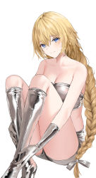 Rule 34 | 1girl, absurdres, bandeau, bare shoulders, blonde hair, blue eyes, boots, breasts, cleavage, commentary, fate (series), gloves, grey footwear, grey gloves, grey ribbon, grey shorts, hair ribbon, high heel boots, high heels, highres, jeanne d&#039;arc (fate), knees up, large breasts, lillly, long braid, long hair, looking at viewer, medium breasts, midriff, ribbon, shiny clothes, short shorts, shorts, simple background, sitting, smile, solo, strapless, thighs, tube top, very long hair, white background