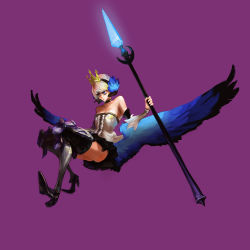 Rule 34 | 1girl, armor, armored dress, dress, feathers, gwendolyn (odin sphere), hair up, highres, odin sphere, polearm, purple background, simple background, solo, strapless, strapless dress, trnth, weapon, wings