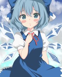 Rule 34 | 1girl, blue bow, blue dress, blue eyes, blue hair, blue sky, blush, blush stickers, bow, breasts, cirno, closed mouth, cloud, collared shirt, commentary request, detached wings, dress, frown, hair bow, hand on own chest, highres, ice, ice wings, looking at viewer, neck ribbon, outdoors, pinafore dress, puffy short sleeves, puffy sleeves, red ribbon, ribbon, setsugetsuka436, shirt, short hair, short sleeves, sky, sky, sleeveless dress, small breasts, solo, touhou, upper body, white shirt, wings