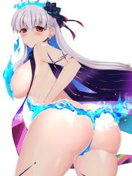 Rule 34 | 1girl, ass, bare shoulders, blue fire, blue hair, blush, body markings, bracelet, breasts, cape, earrings, fart, fate/grand order, fate (series), fire, flower, hair flower, hair ornament, hair ribbon, highres, jewelry, kama (fate), kama (swimsuit avenger) (fate), kankitsu kei, large breasts, long hair, looking at viewer, looking back, lotus, multicolored hair, naked cape, nude, red eyes, revealing clothes, ribbon, shy, silver hair, star (symbol), star earrings, thighs, thong, two-tone hair