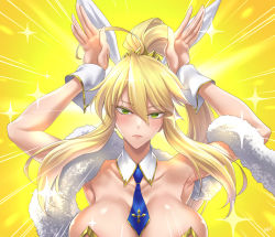 Rule 34 | 1girl, ahoge, animal ears, armpits, artoria pendragon (all), artoria pendragon (fate), artoria pendragon (swimsuit ruler) (fate), bare shoulders, blonde hair, blue necktie, blush, breasts, cleavage, closed mouth, collarbone, detached collar, emotional engine - full drive, f.w.zholic, fake animal ears, fate/grand order, fate (series), feather boa, green eyes, hair between eyes, hands up, highres, large breasts, leotard, long hair, looking at viewer, necktie, parody, playboy bunny, ponytail, rabbit ears, rabbit pose, solo, sparkle, white leotard, wrist cuffs, yellow background