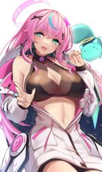 Rule 34 | 1girl, absurdres, aqua eyes, bare shoulders, bikini, bikini top only, black bikini, blue hair, blush, breasts, cat, cleavage, cleavage cutout, clothing cutout, commentary request, crossed bangs, earrings, hair ornament, hairclip, halo, highres, hoshina rulia, indie virtual youtuber, jacket, jewelry, large breasts, long hair, long sleeves, looking at viewer, multicolored hair, navel, off shoulder, open mouth, partially unzipped, pink hair, power symbol, rikiddo (tise 00), see-through, smile, streaked hair, swimsuit, virtual youtuber, white background, white jacket