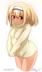 Rule 34 | 1girl, alternate costume, blush, brown eyes, full-face blush, i-26 (kancolle), kantai collection, light brown hair, long hair, one-hour drawing challenge, ray.s, ribbed sweater, simple background, sleeves past fingers, sleeves past wrists, solo, sweater, two side up, white background, yellow sweater