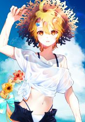 Rule 34 | 1boy, adjusting clothes, adjusting headwear, aether (genshin impact), ahoge, alternate costume, blonde hair, blush, bow, braid, cloud, cloudy sky, day, flower, genshin impact, hair bow, hair flower, hair ornament, hairclip, hat, hibiscus, highres, hinachun 00, inflatable raft, long hair, looking at viewer, male focus, navel, open clothes, open shorts, outdoors, parted lips, red flower, see-through, see-through shirt, shirt, short sleeves, shorts, single braid, sky, strange, straw hat, sun hat, sunflower, t-shirt, wet, wet clothes, wet shirt, white bow, white shirt, x hair ornament, yellow eyes, yellow flower